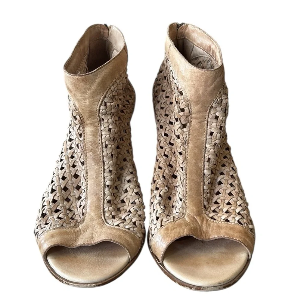 Lavorazione Artigiana Sundance Casta Woven Tan Leather Open Toe Ankle Boots  10 - Picture 5 of 13